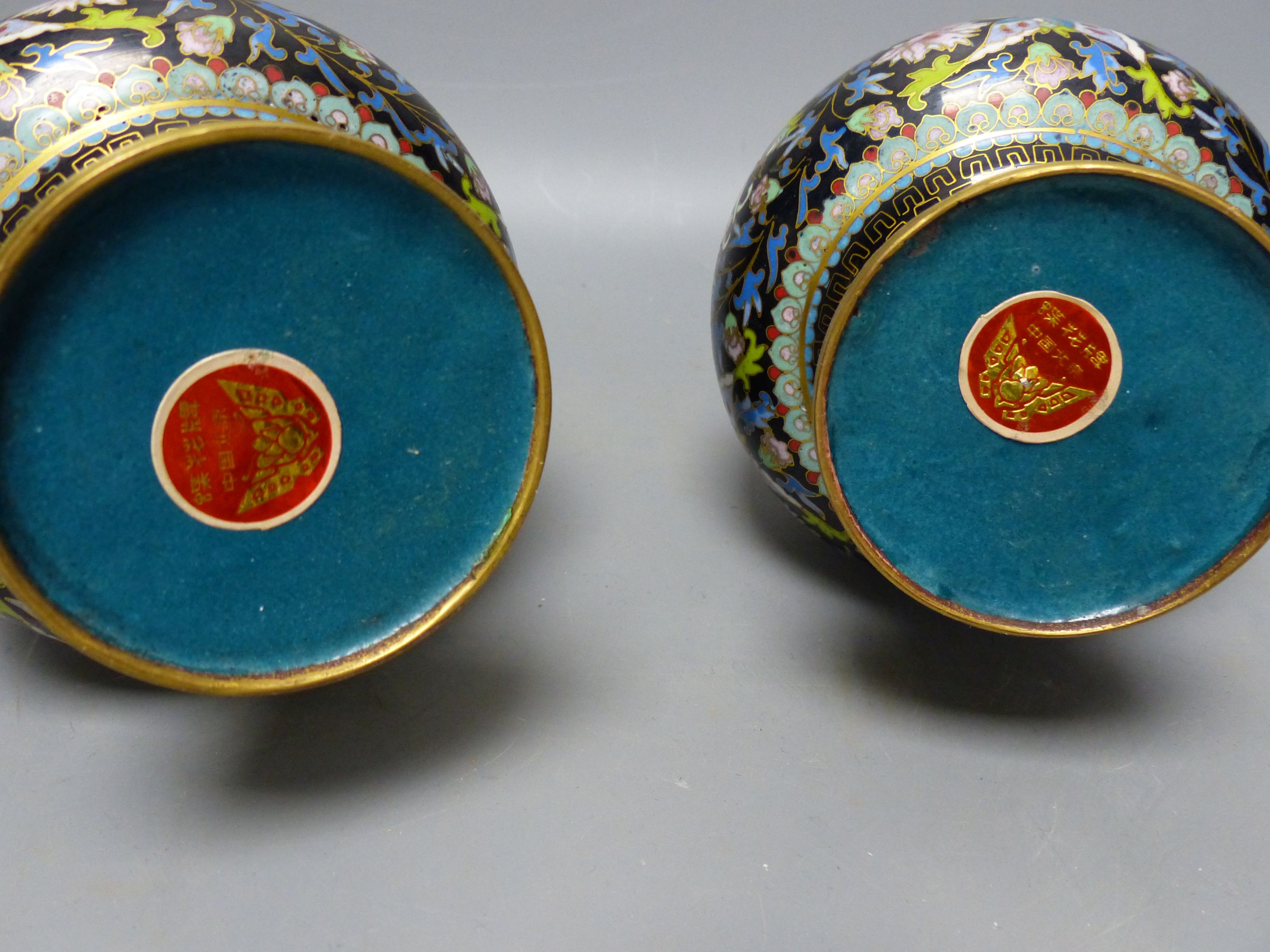 A pair of Chinese cloisonne enamel vases and other similar items, tallest 21cm (7)